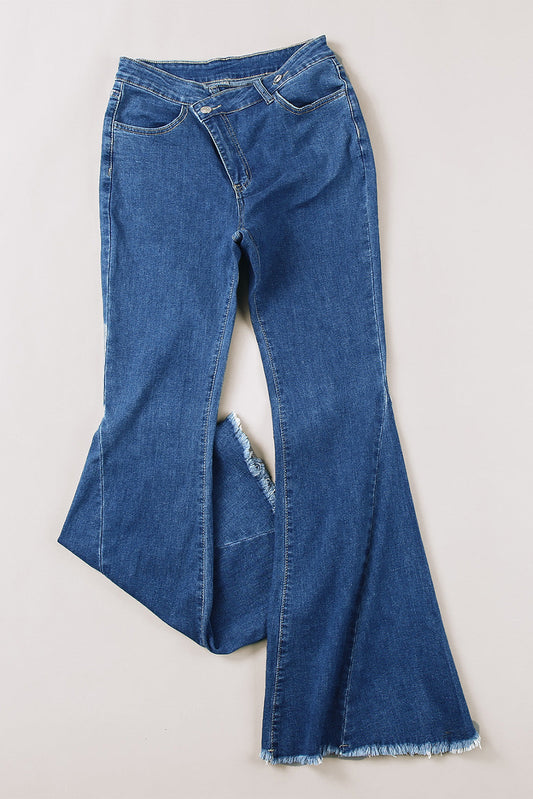 Asymmetrical Bell Bottom Jeans with Raw Hem