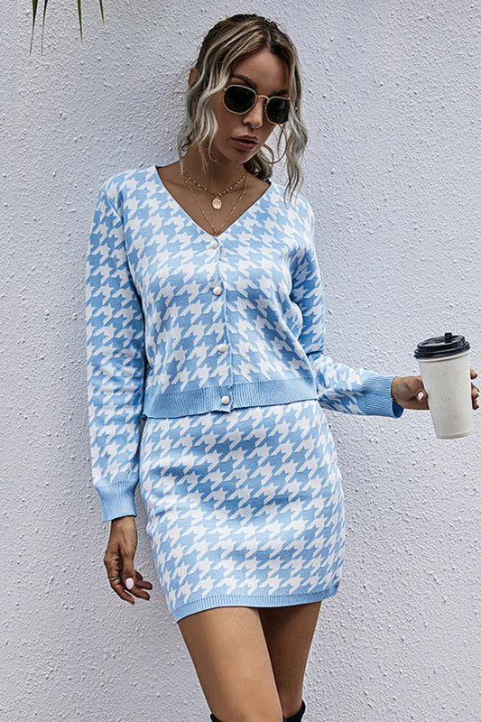 Button Front Houndstooth Sweater and Skirt Set