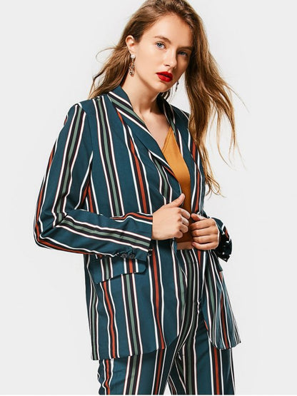 Striped Blazer with Buttoned Flap Pockets