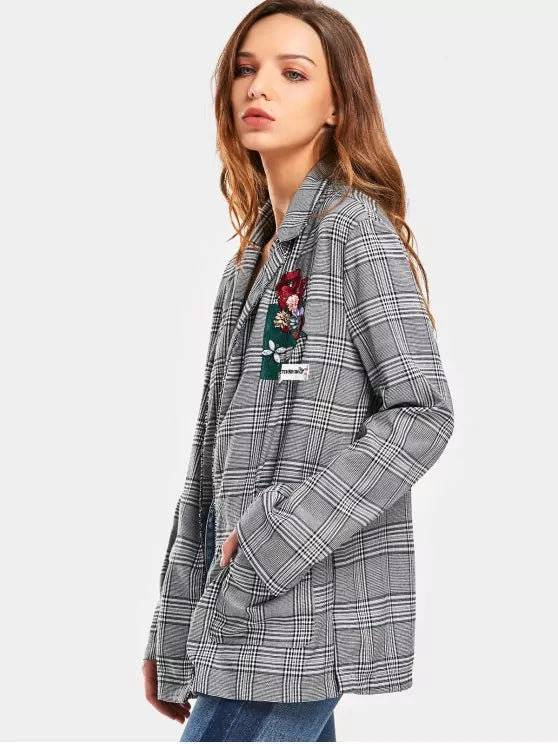 Trendy Embroidered Checked Floral Applique Blazer