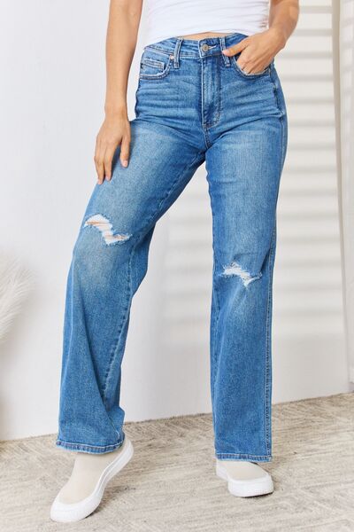 Full Size High Waist Distressed Straight-Leg Judy Blue Jeans