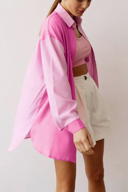 Lapel Pocket Button-Up Pink Long Sleeve Blouse