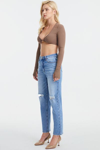 High Waist Distressed Washed Straight Cat's Whiskers BAYEAS Jeans