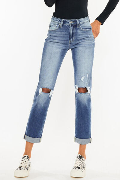 High Waist Distressed Hem Detail Cropped Straight Kancan Jeans