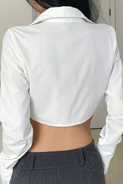 White Lapel Cropped Long Sleeve Button-Up Blouse