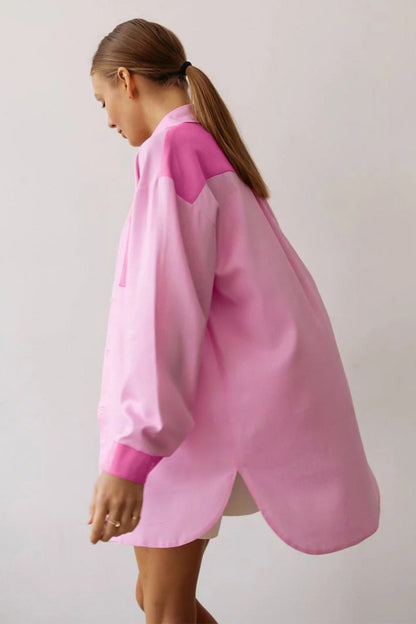 Lapel Pocket Button-Up Pink Long Sleeve Blouse