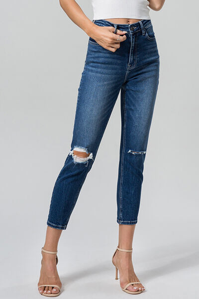 Cropped Washed Distressed High Waist Full Size Mom BAYEAS Jeans
