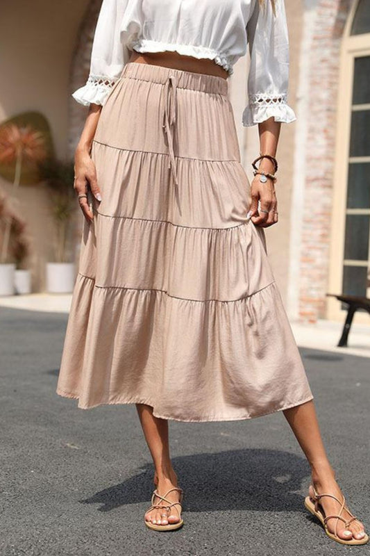 Tiered Elastic Waist Midi Skirt