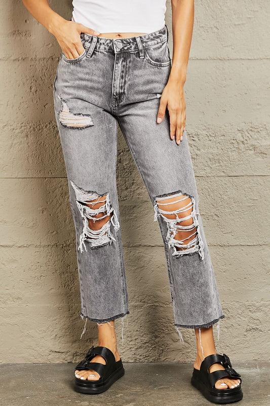 Acid Wash Distressed Cropped Straight BAYEAS Jeans