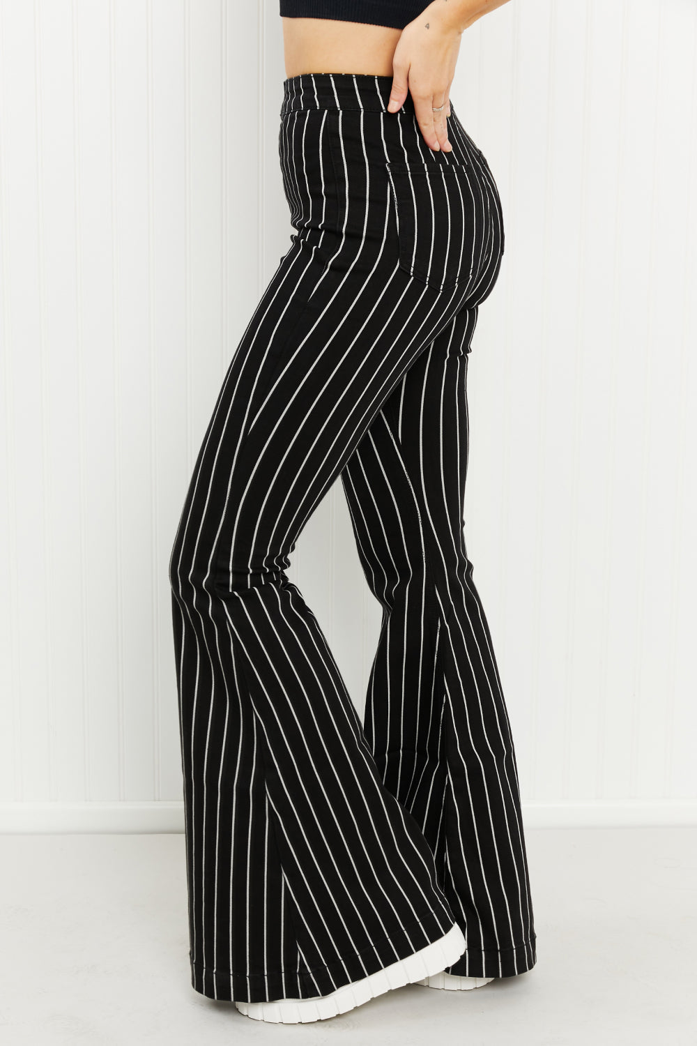 Super-Flare High-Rise Kancan Blakely Pinstripe Jeans
