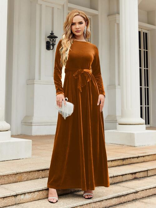 Tie Front Long Sleeve Round Neck Maxi Dress