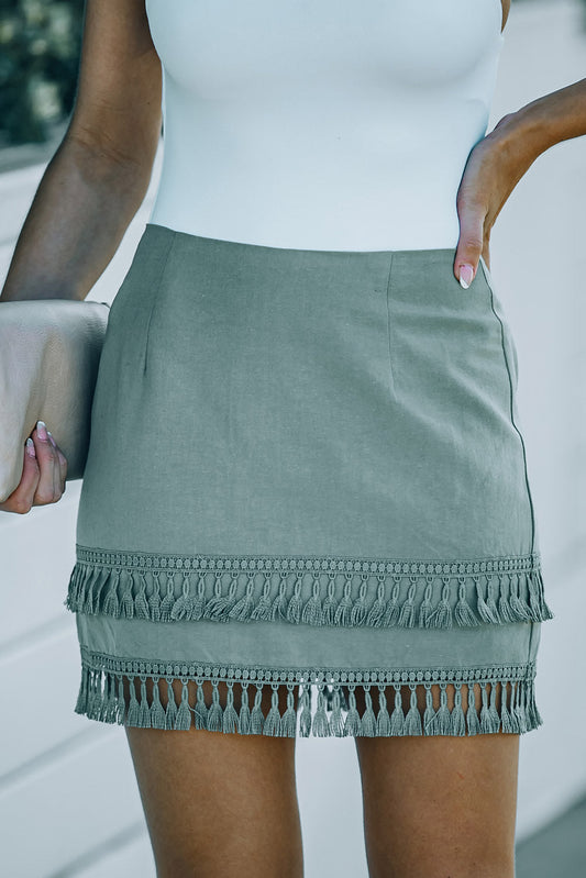 Tassel Hem Mini Skirt Zip-Back