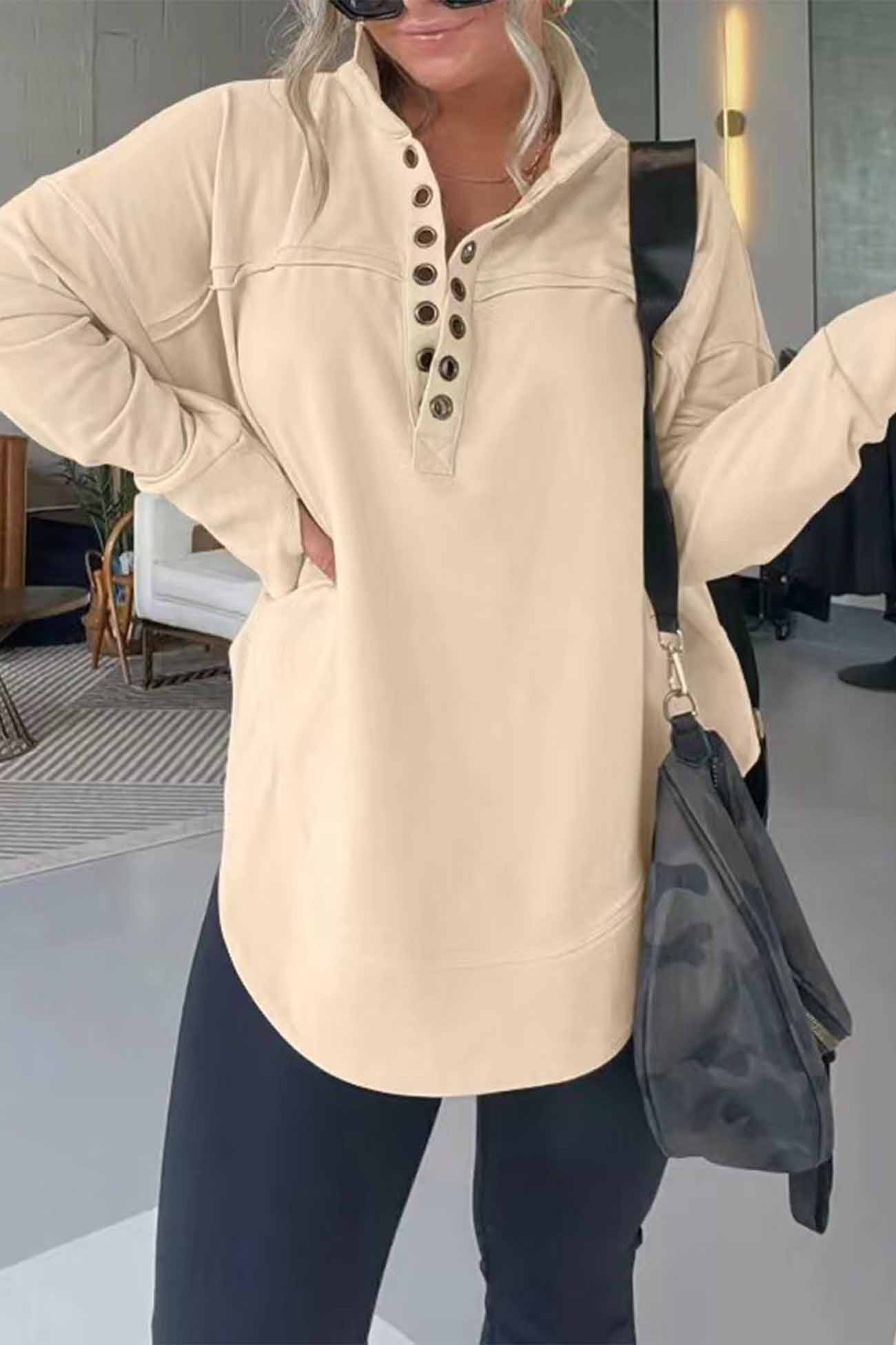 Button Up Solid Long Sleeve Hoodie