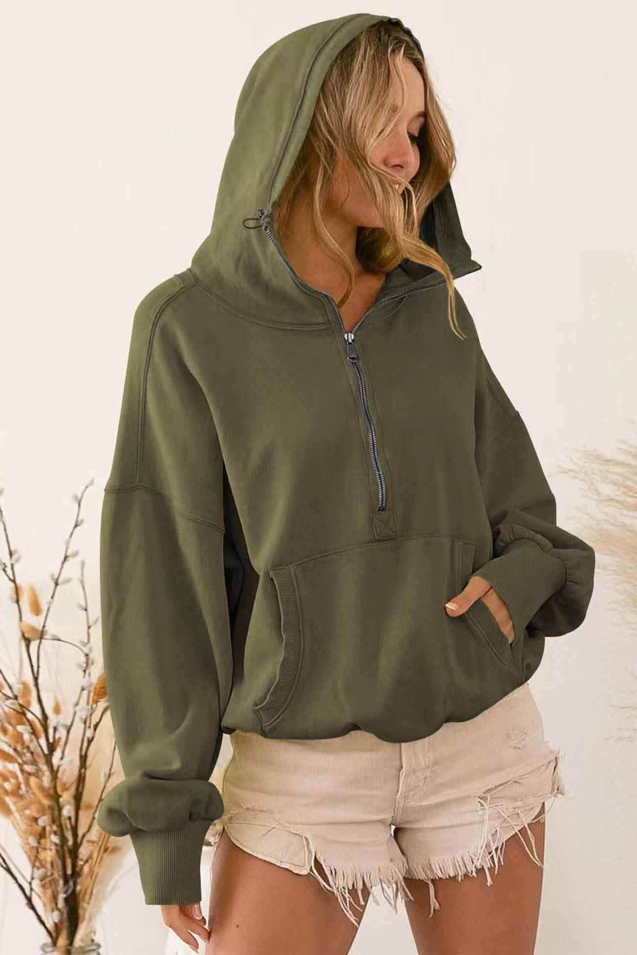 Zipper Pocket Drawstring Hooded Long Sleeve Sweatshirt Hoodie
