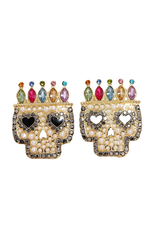 Colorful Pearl Rhinestone Skull Earrings