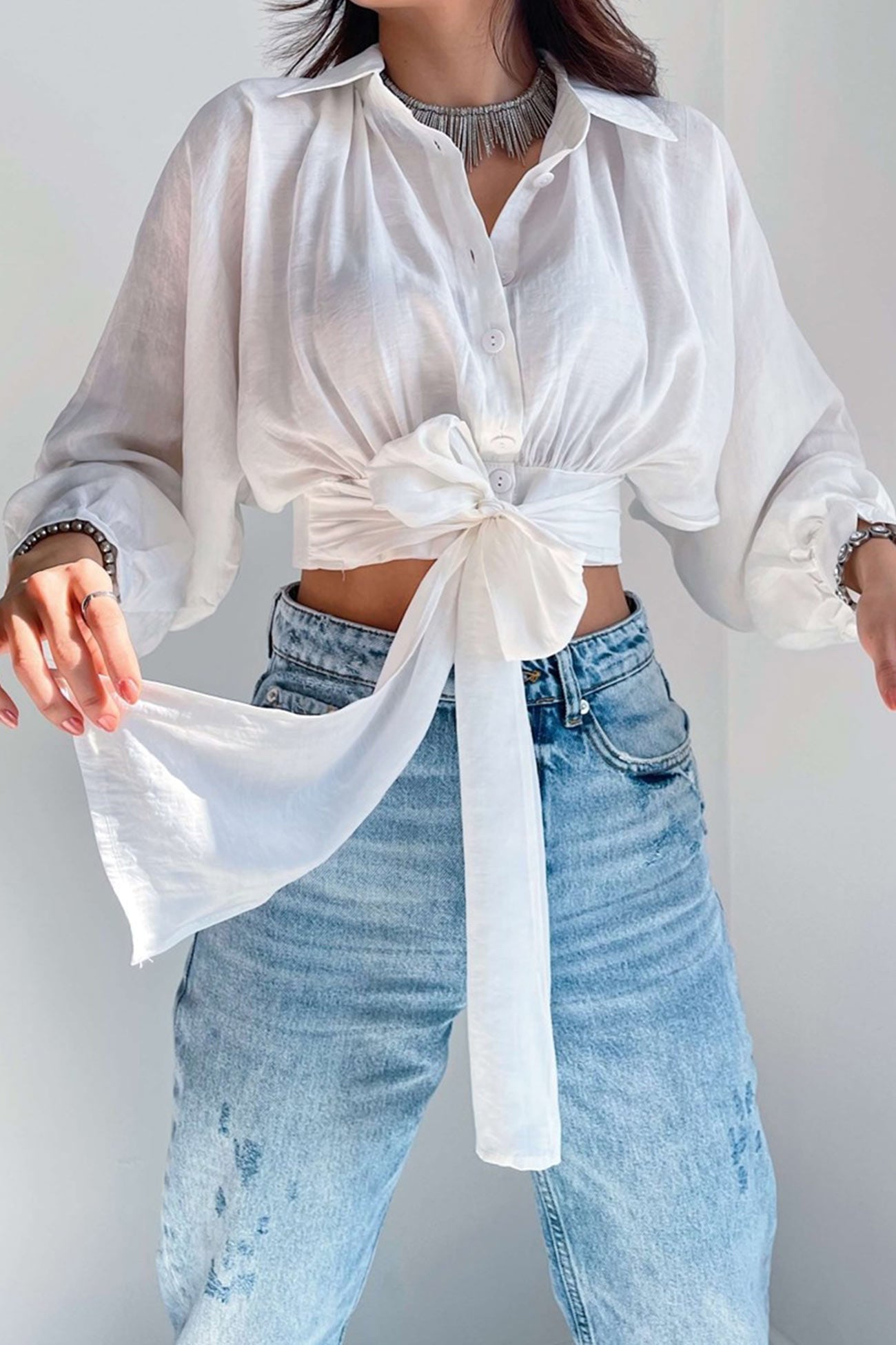Dolman Sleeve Tie-up Cropped Blouse