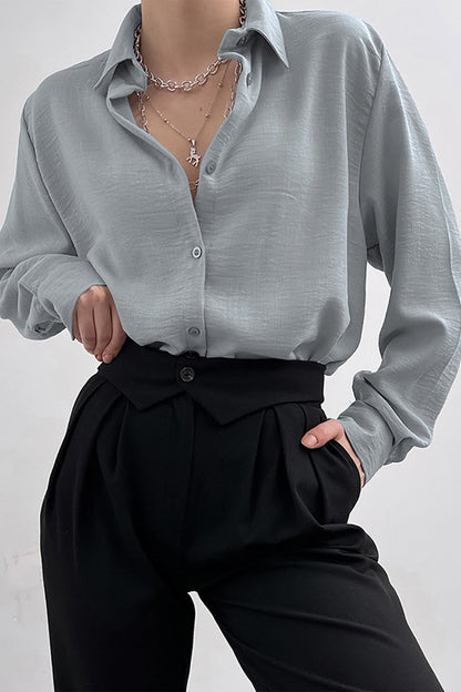 Solid Color Lapel Long Sleeve Button-Up Blouse