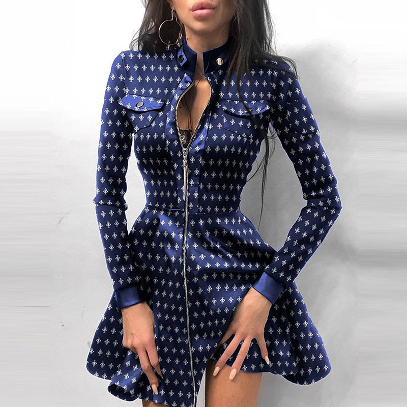 Sexy Stand Collar Print Zipper Long Sleeves Mini Dress