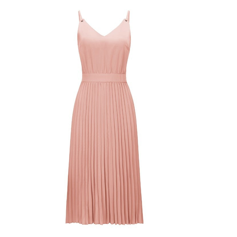 Summer Spaghetti Strap Pink Pleated Office Party Midi Dress