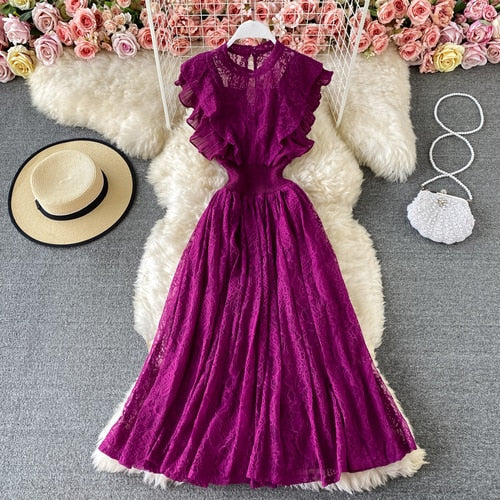 Purple/Green/Red Lace Round Neck Ruffle High Waist Slim Vintage Midi Dress