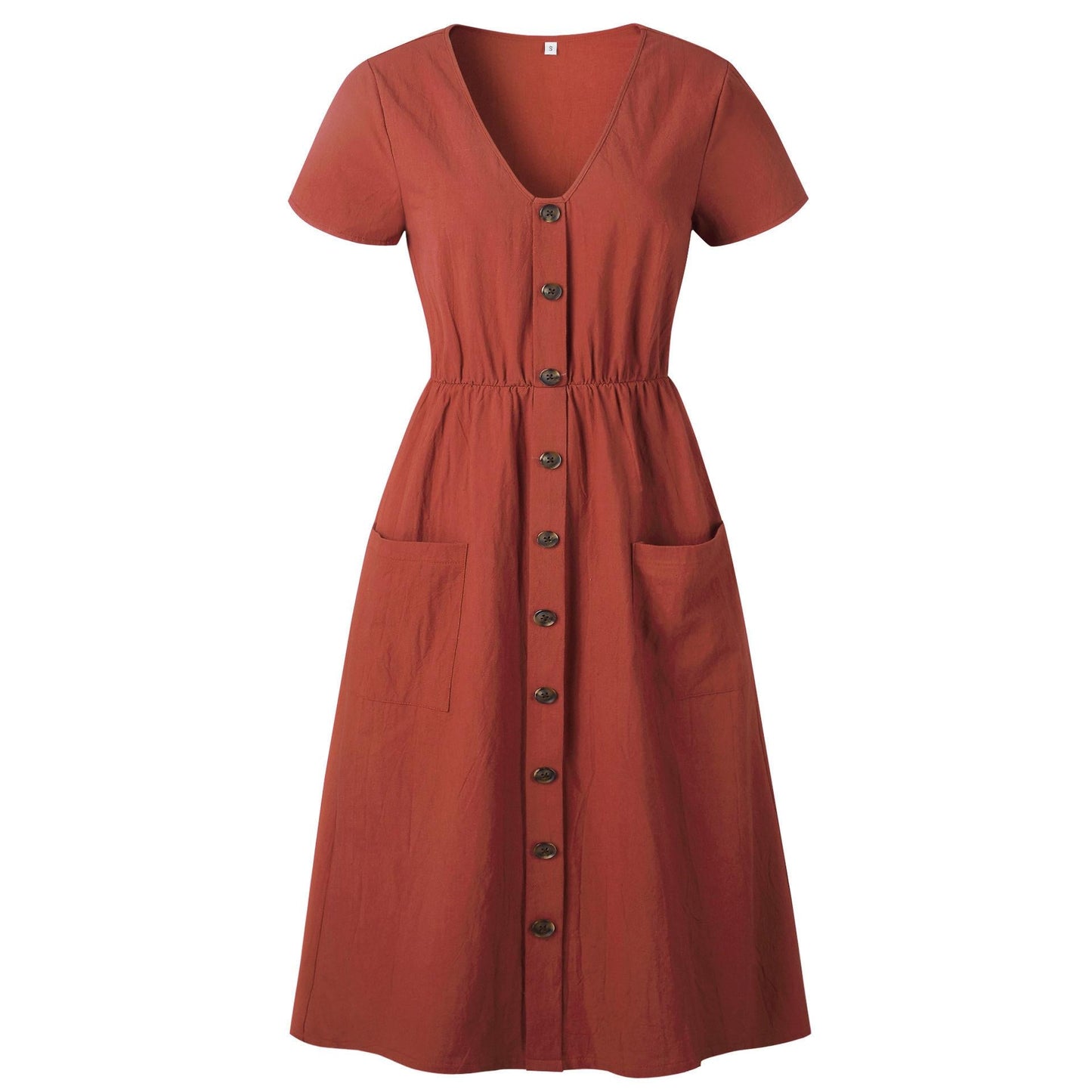 Cotton Linen Casual V-neck A-line Midi Dress