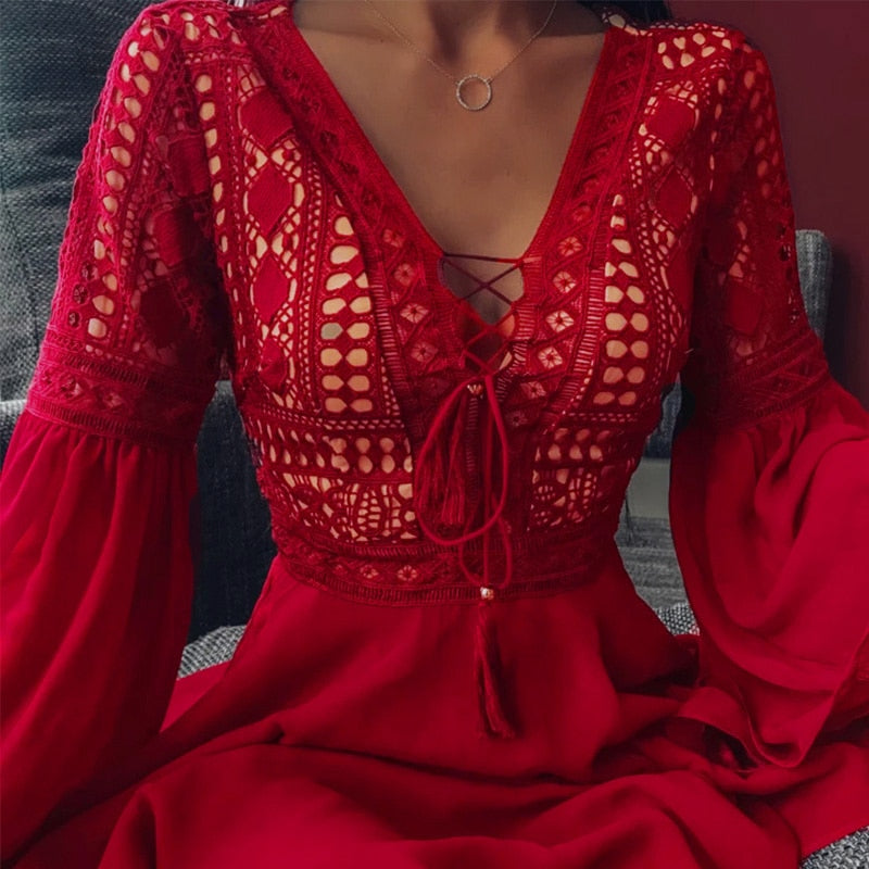 Crochet Lace V-Neck Flare Sleeve Mini Dress