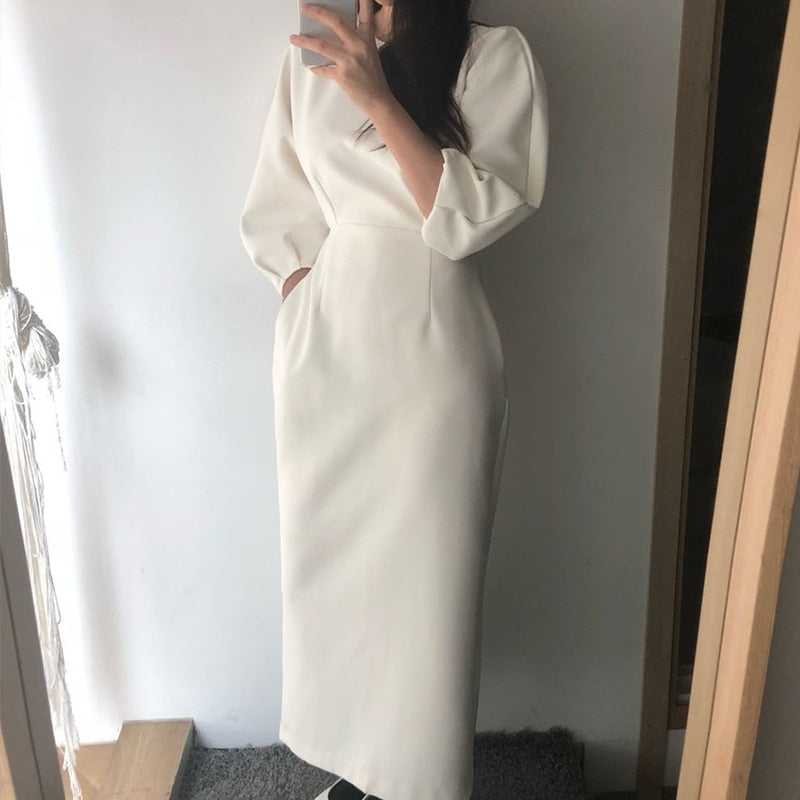 Elegant Ladies Office Solid Color Slim Midi Dress