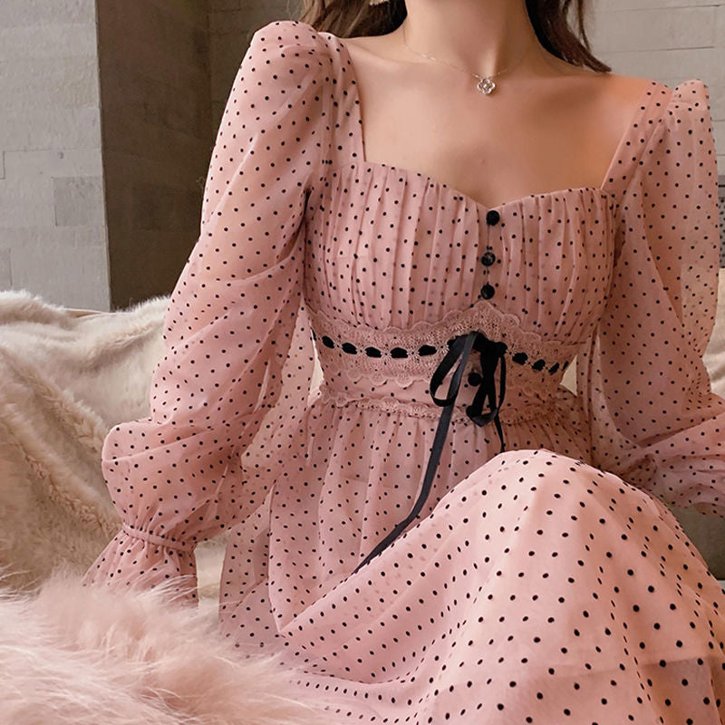 French Vintage Puffer Sleeve Square Collar Office Elegant Dot Midi Dress