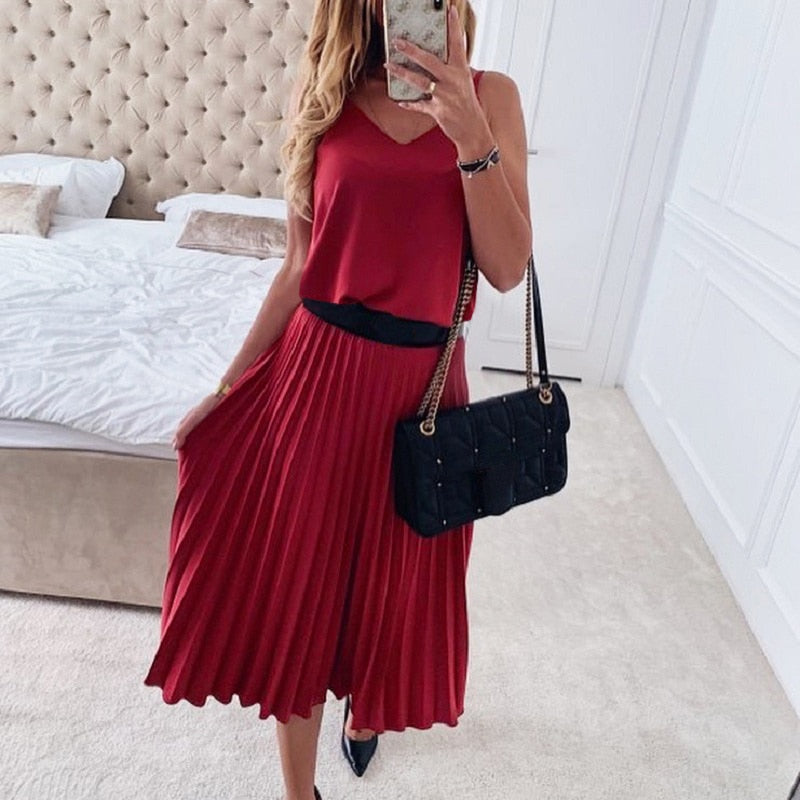 Summer Spaghetti Strap Pink Pleated Office Party Midi Dress
