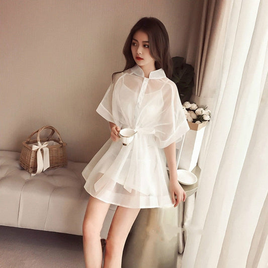 Korean Stand Organza Belt T-shirt Two-piece Set Mini Dress