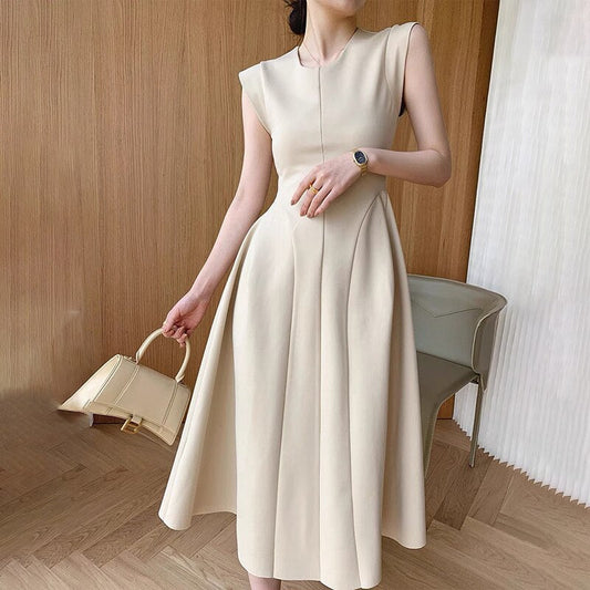 O-Neck High Waist Long A-Line Cotton Hepburn Midi Dress