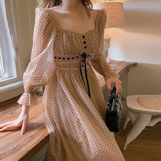 French Vintage Puffer Sleeve Square Collar Office Elegant Dot Midi Dress