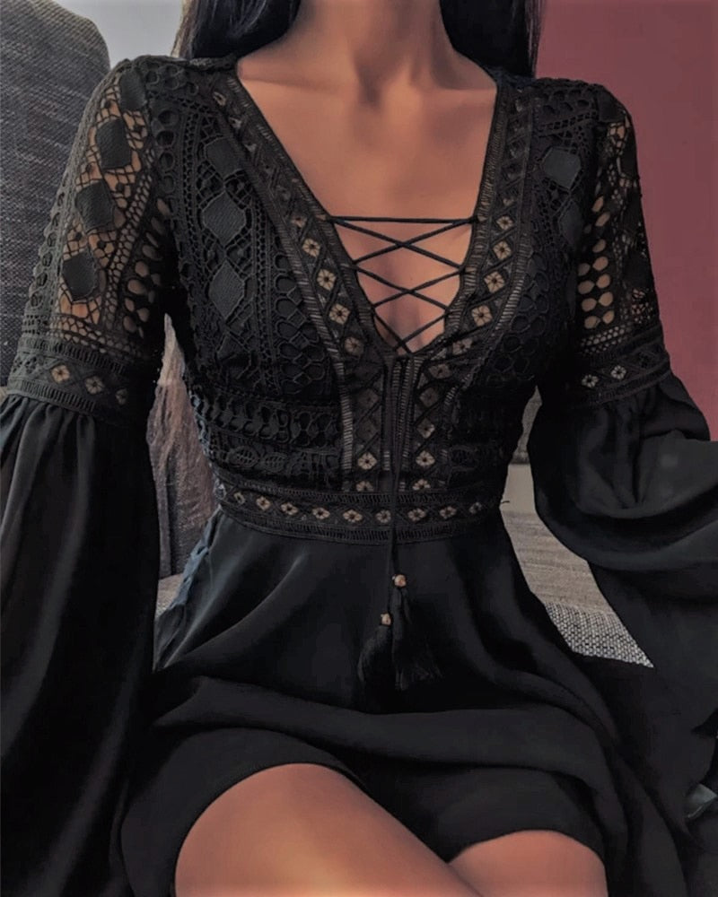 Crochet Lace V-Neck Flare Sleeve Mini Dress