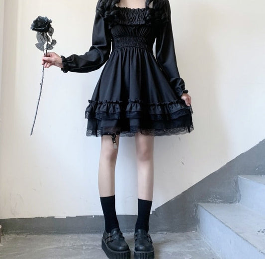 Lolita Style Princess Black Gothic Puff Sleeve Lace Ruffles Mini Dress