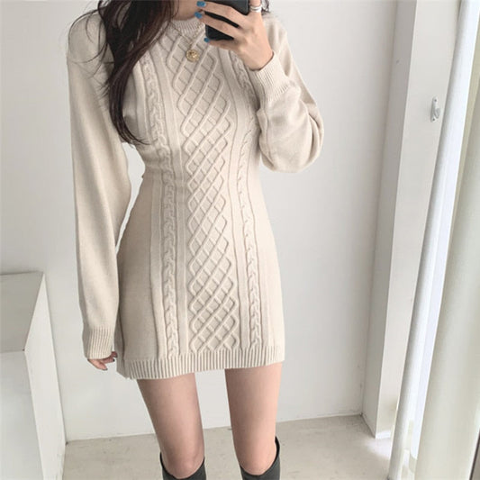 Hollow Out Waist High Elastic Twist Knitted Bodycon Mini Dress