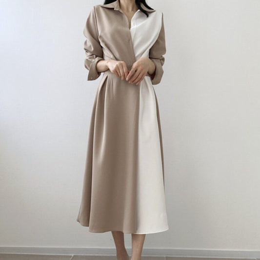 Retro Contrast Color Lapel Long-Sleeved Slim Chic Midi Dress