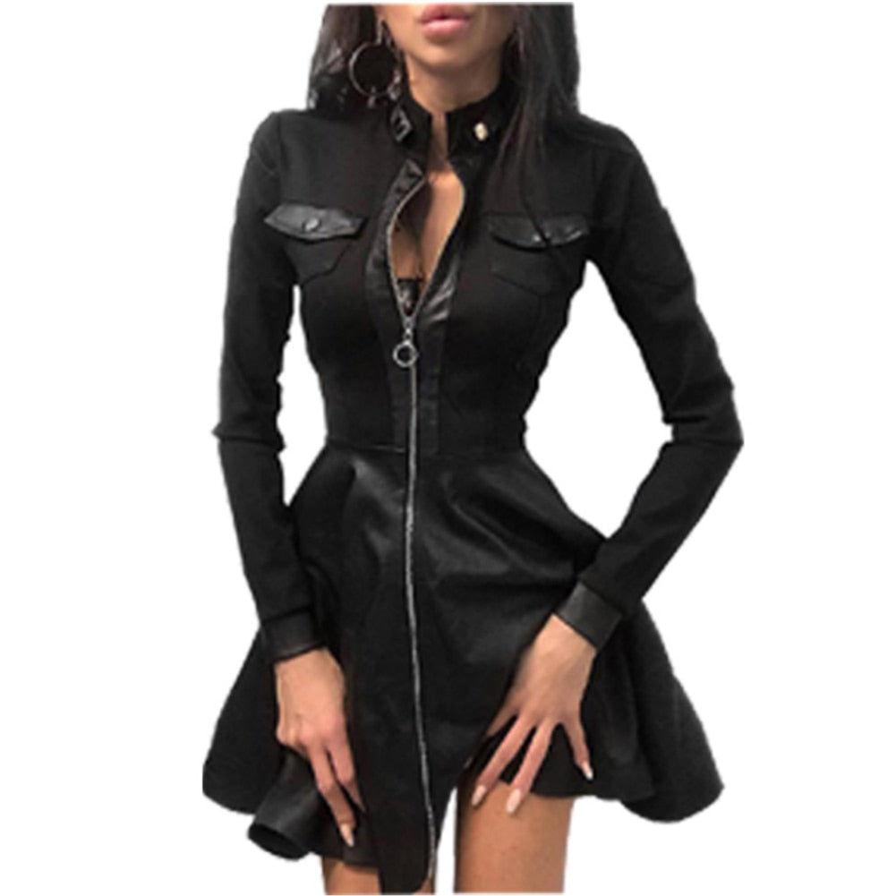Plus Size Lace Sleeve Faux Leather V-Neck Mini Dress