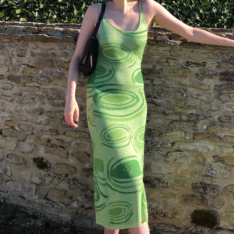 Green Y2K Paisley Print Sleeveless Spaghetti Strap Beach Party Midi Dress