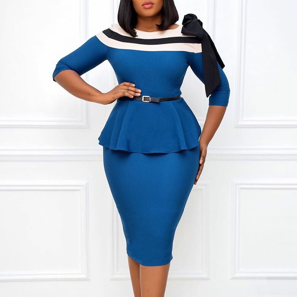 Elegant Puff Sleeve Patchwork Office Lady Work Plus Size Midi Dress