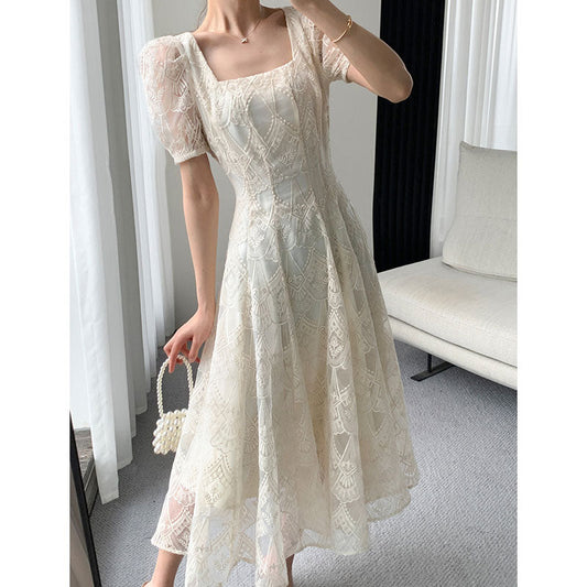 Summer French Style Lace Elegant Square Collar Party Midi Dress