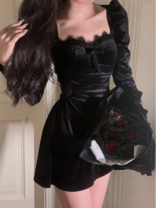 Slim Black Velvet Casual Elegant Autumn Midi Dress