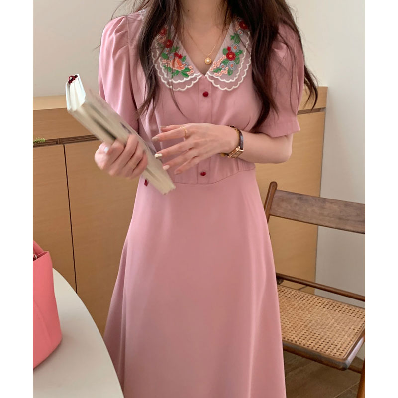 Summer Retro Embroidery Floral Peter Pan Collar Office Lady Midi Dress