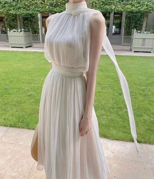 2023 Summer Elegant Women's Gentle High Collar Sleeveless Solid Chiffon Midi Dress