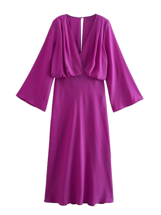 Flare Sleeve Solid Purple V Neck A-line High Waisted Midi Dress