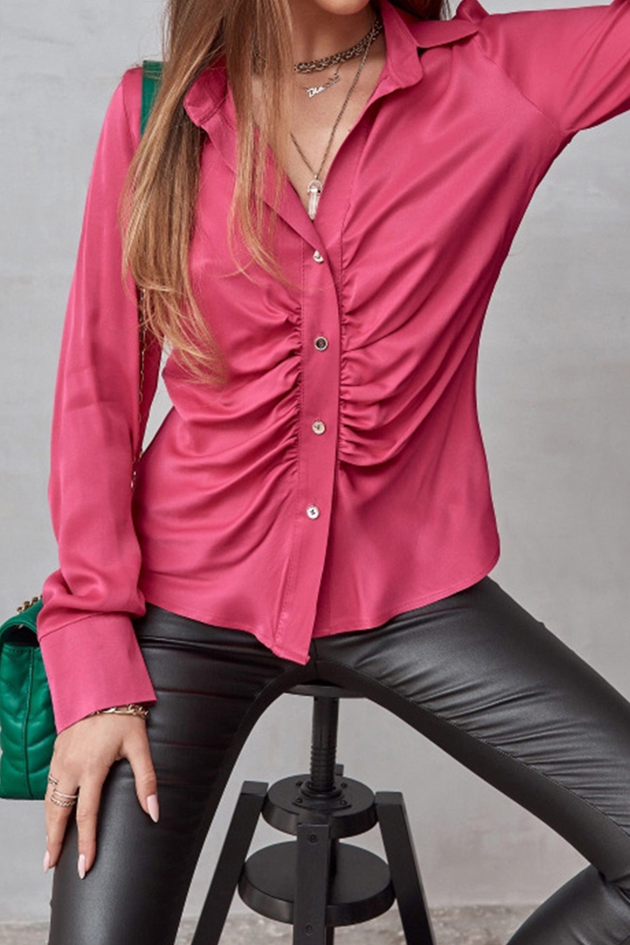 Satin Single-breasted Ruched Blouse