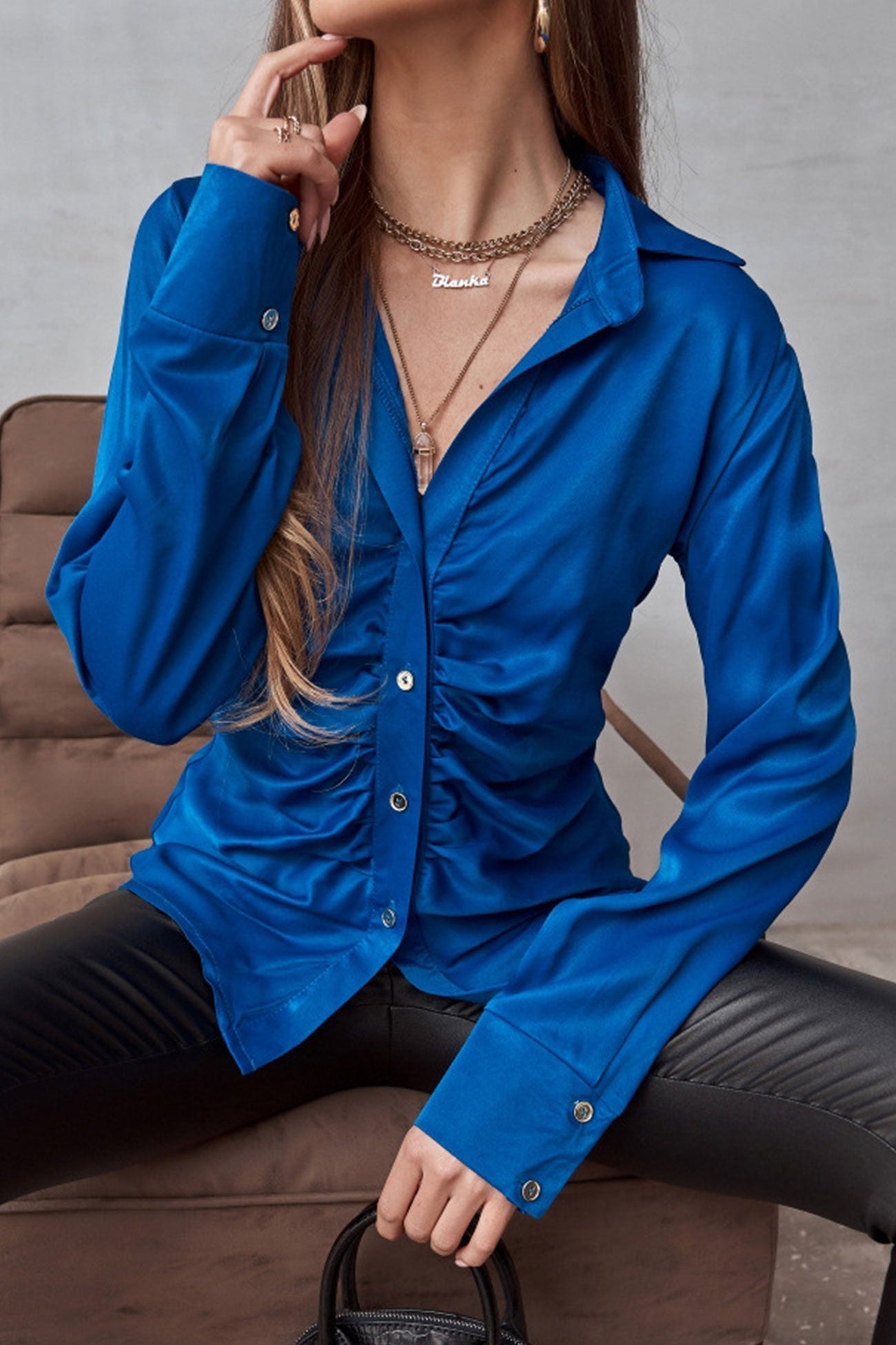 Satin Single-breasted Ruched Blouse