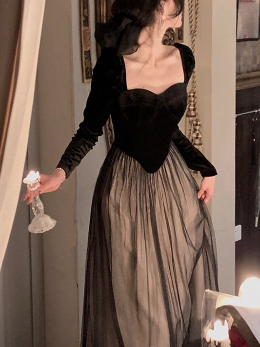 Elegant Long Sleeve Slim French Vintage Velvet Midi Dress