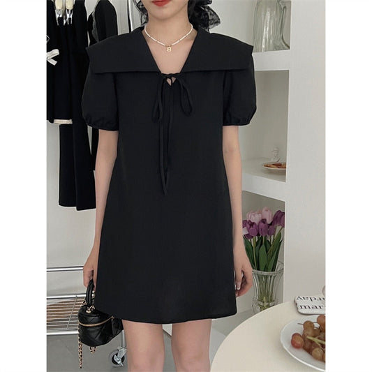 Solid Dress for Women High Waisted Sailor Collar Lace Up Mini Dress
