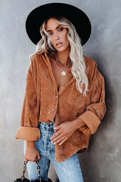 Solid Color Corduroy Oversized Shirt Blouse