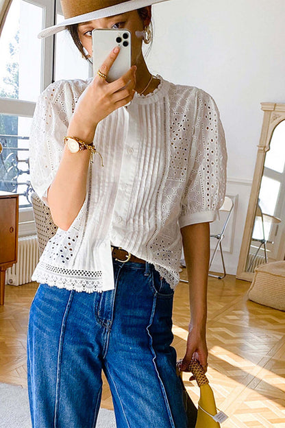 Lace Crochet Button-Up Cotton Shirt Blouse
